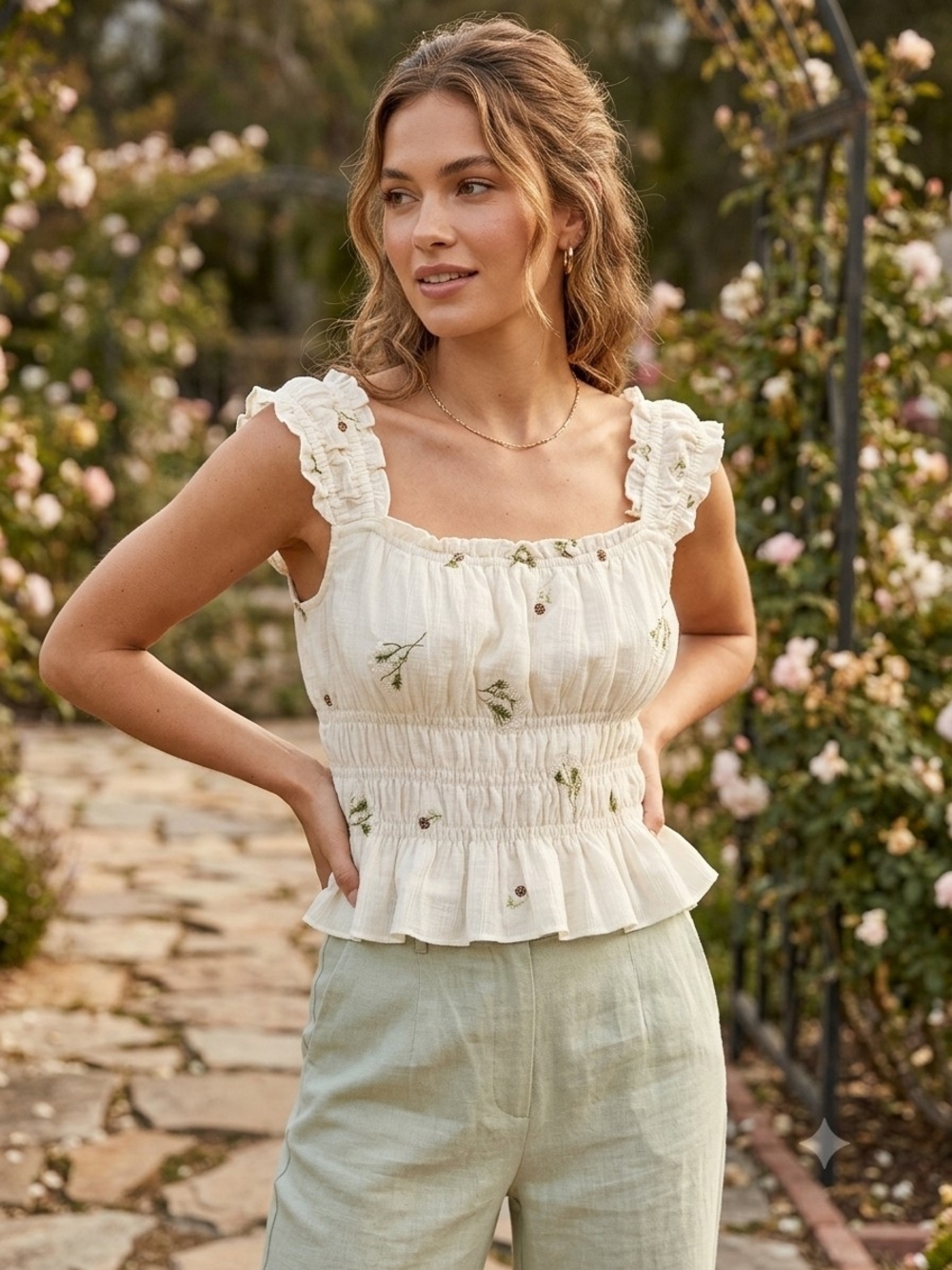 Smocked Ruffle-Strap Crop Top in Cream with Green Embroidery